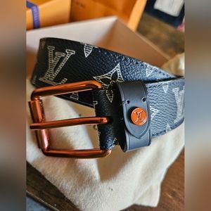 Louis Vuitton Unisex CE Voyag Blue Leather Monogram Belt Orange Copper Buckle